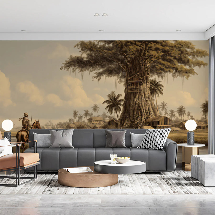 Landscape Wallpaper Mural – Scenery Wall Mural – Vintage River Landscape — Sepia Explorer Scene