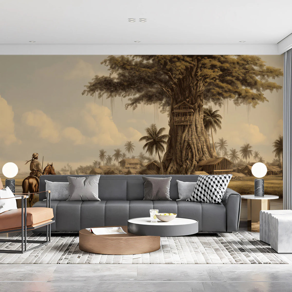 Vintage River Landscape Mural Wallpaper — Sepia Explorer Scene Mural Wallpaper - room preview 02