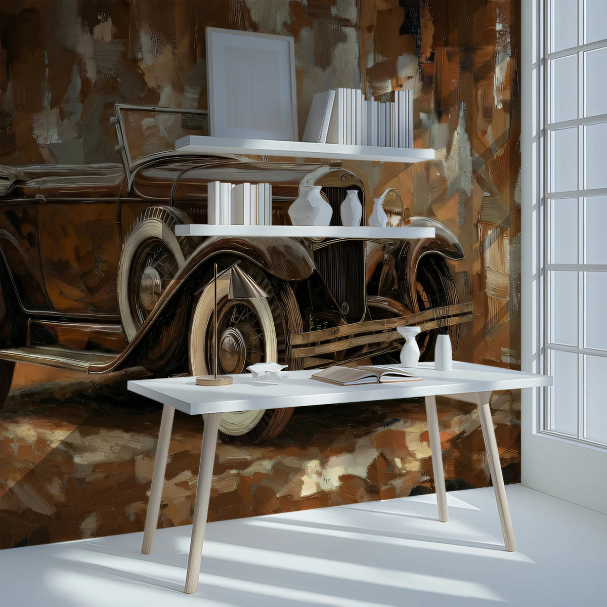 Vintage Classic Car Mural Wallpaper — Impressionist Oil Painting Mural Wallpaper - room preview 02