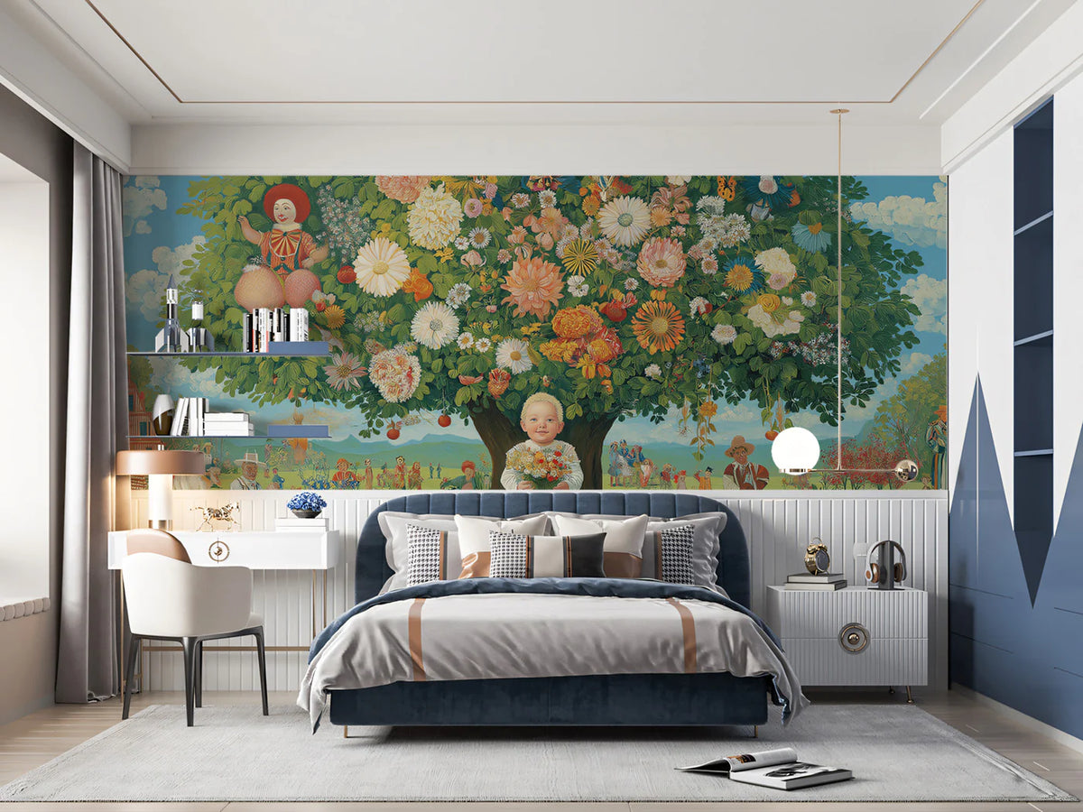 Whimsical Garden Story Mural Wallpaper — Surreal Floral Art Mural Wallpaper - room preview 02