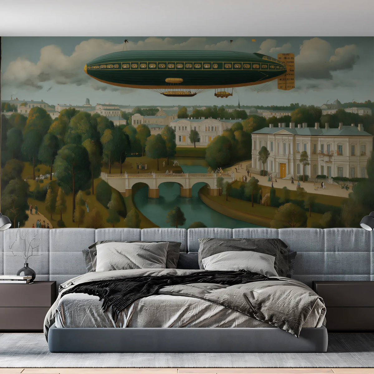 Vintage Zeppelin European Landscape Mural Wallpaper — Classic Travel Mural Wallpaper - room preview 02