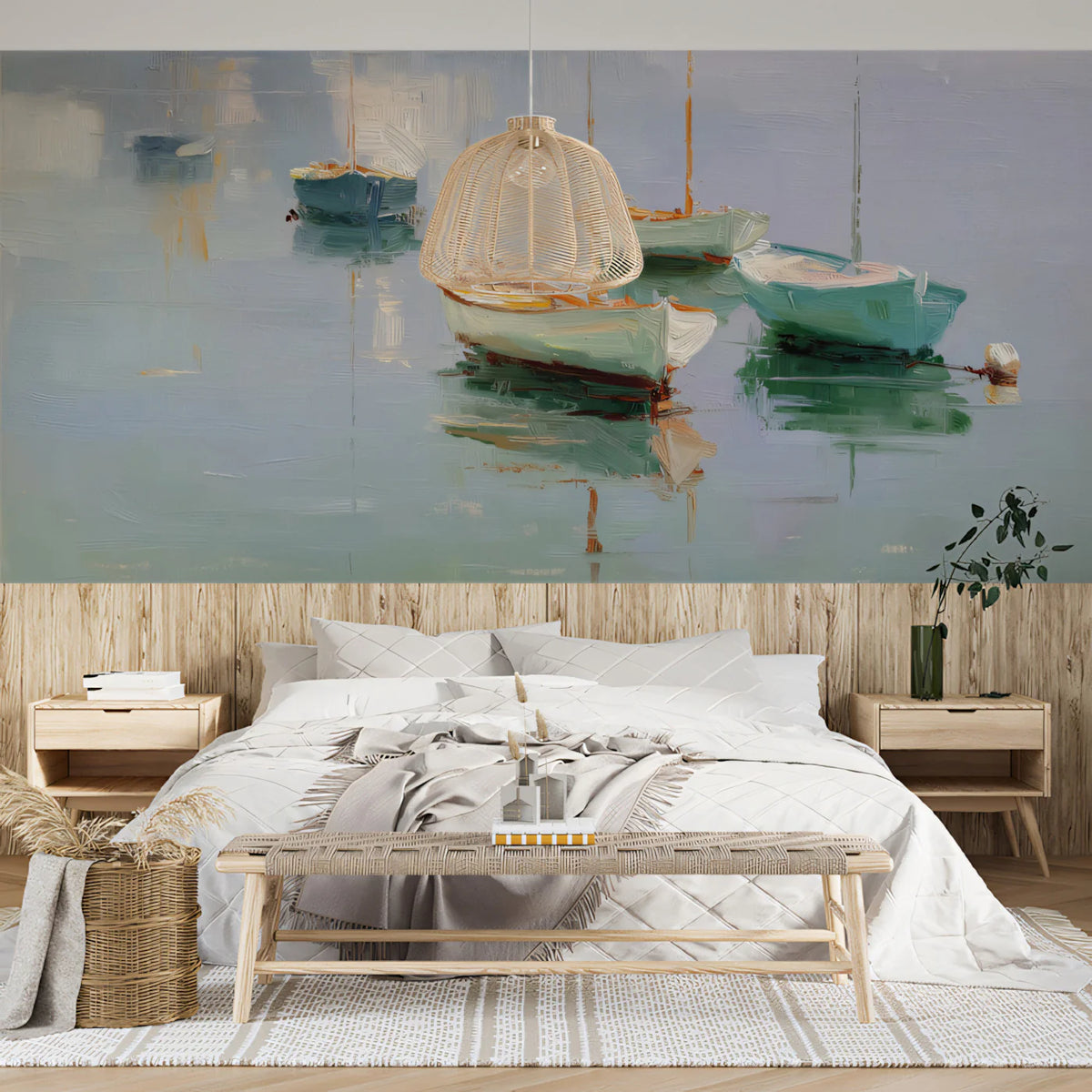 Impressionist Harbor Boats Mural Wallpaper — Soft Coastal Scene Mural Wallpaper - room preview 02