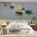 Impressionist Harbor Boats Mural Wallpaper — Soft Coastal Scene Mural Wallpaper - room preview 02