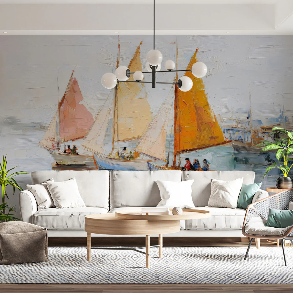 Sailboat Regatta Mural Wallpaper — Impressionist Coastal Art Mural Wallpaper - room preview 02