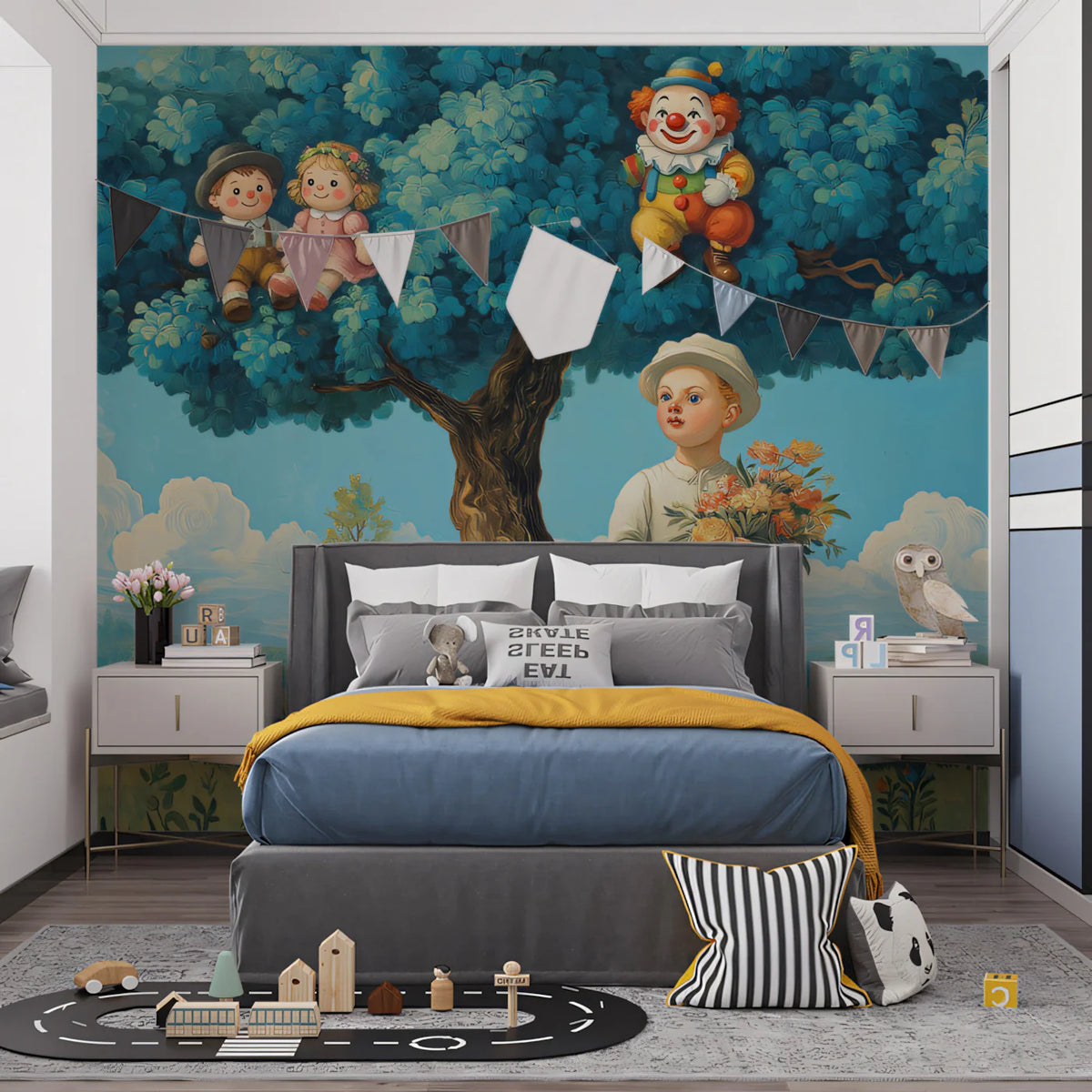 Boy and Tree Toys Mural Wallpaper — Whimsical Childhood Scene Mural Wallpaper - room preview 02