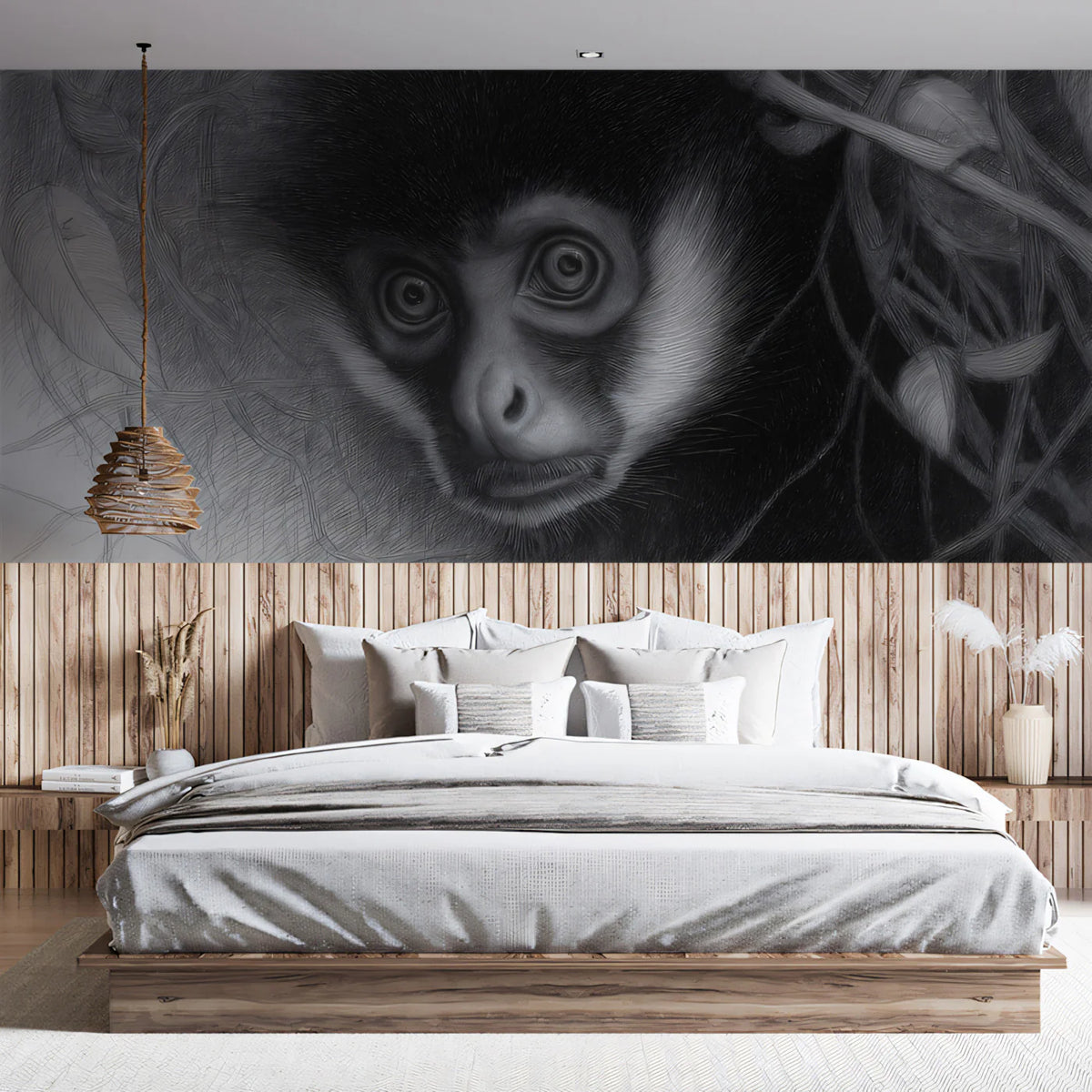 Intricate Monkey Pencil Sketch Mural Wallpaper — Artistic Monochrome Mural Wallpaper - room preview 02