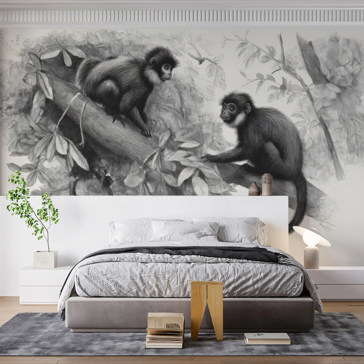Monkeys in the Canopy Pencil Sketch Mural Wallpaper - room preview 02