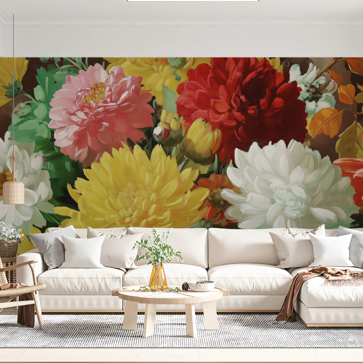 Chrysanthemum Oil Painting Mural Wallpaper — Colorful Botanical Mural Wallpaper - room preview 02