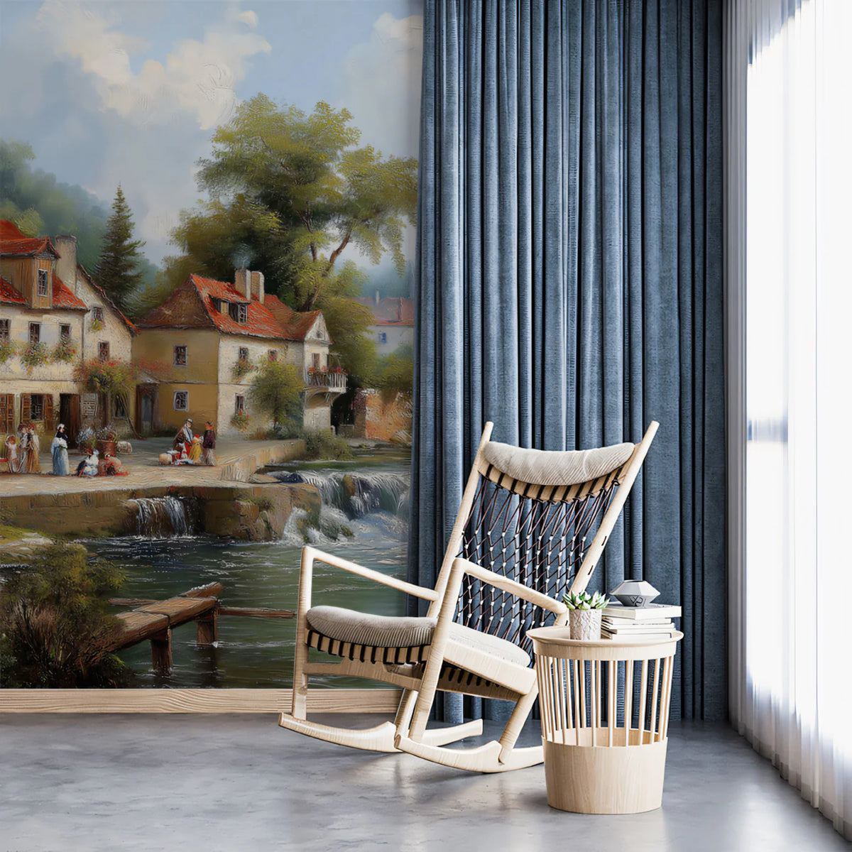 Old European Village Landscape Mural Wallpaper — Painterly Scene Mural Wallpaper - room preview 02