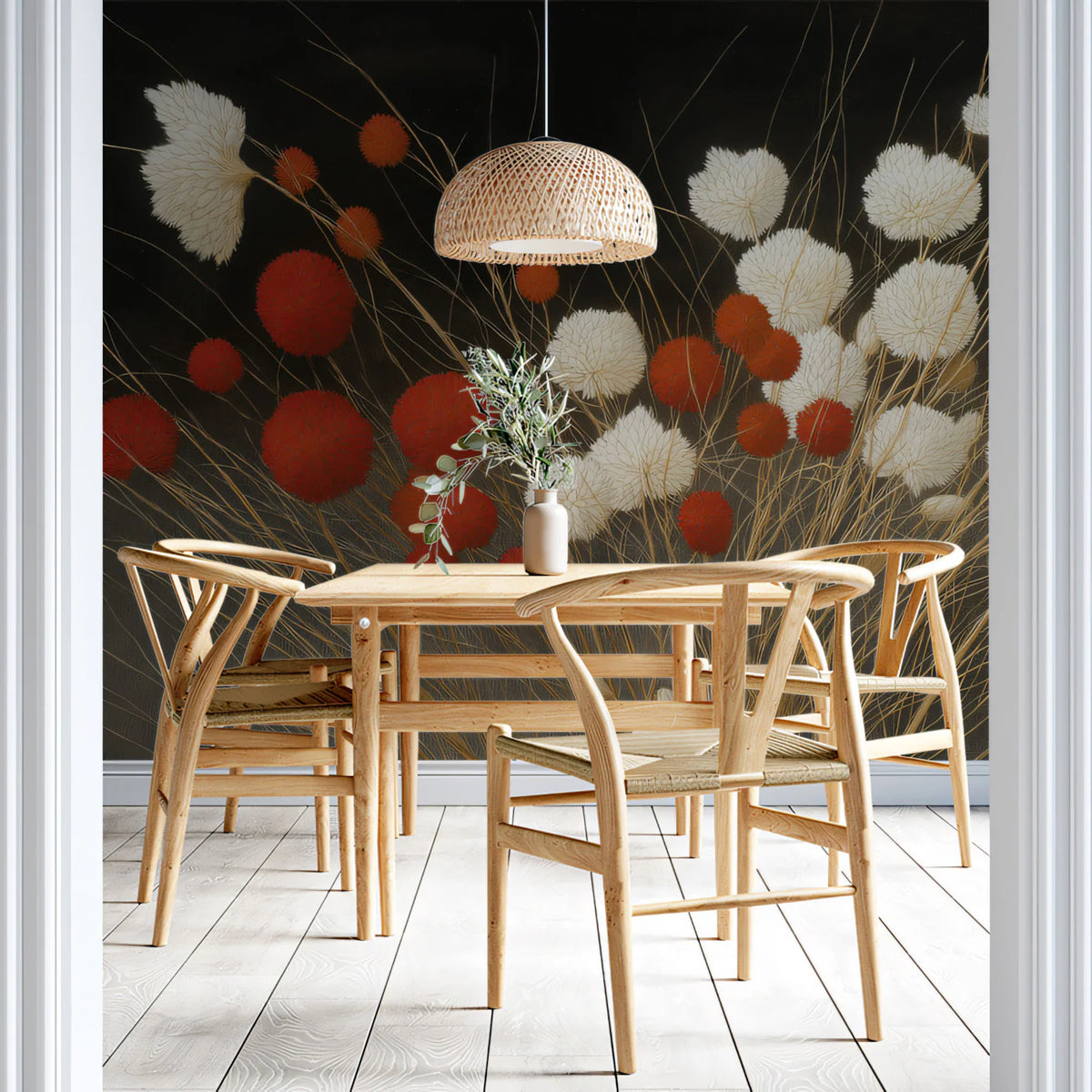 Crimson and Cream Dandelion Floral Mural Wallpaper - room preview 02