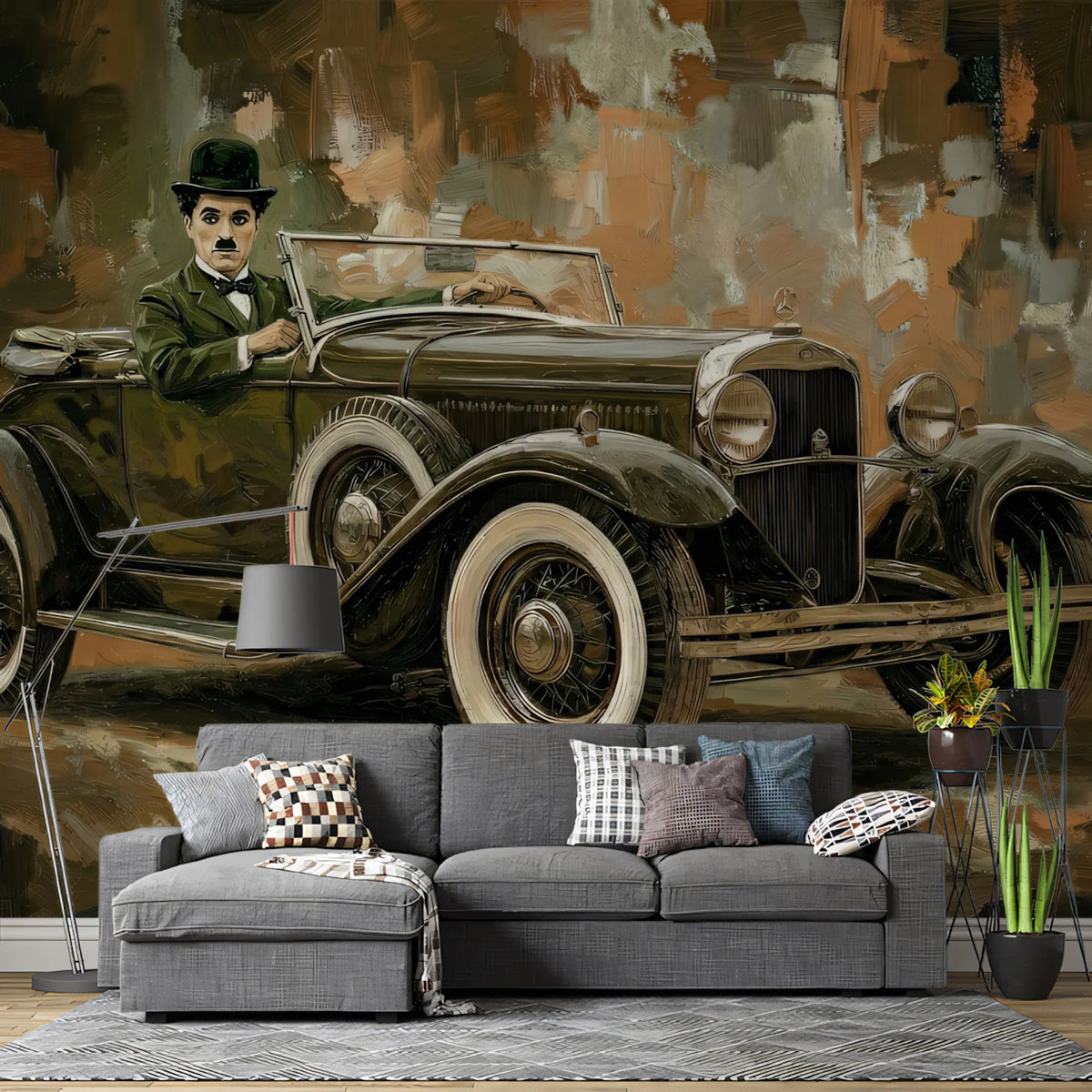 Charlie Chaplin Classic Car Mural Wallpaper — Vintage Cinematic Art Mural Wallpaper - room preview 02