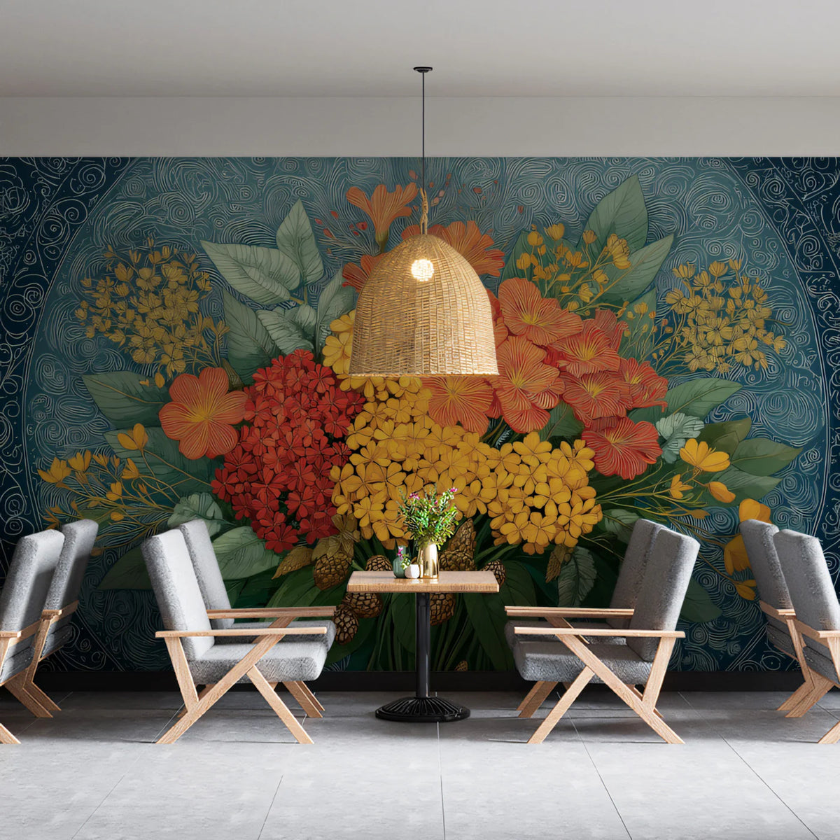 Folk Art Floral Mural Wallpaper — Vibrant Botanical Design Mural Wallpaper - room preview 02
