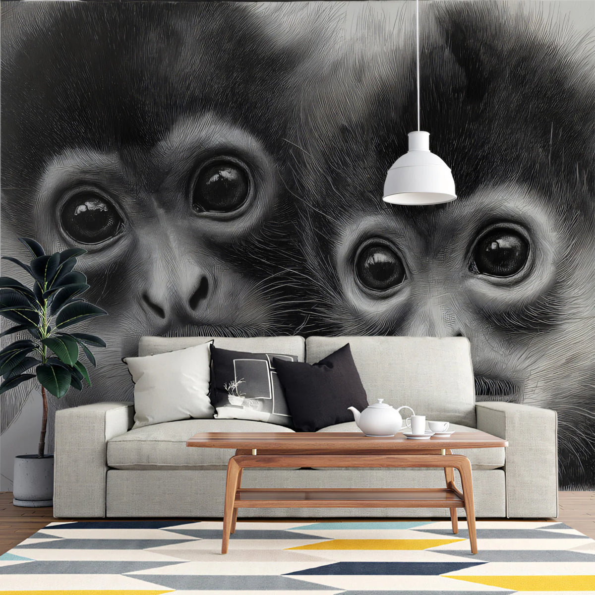 Primate Portrait Mural Wallpaper — Graphite Sketch Art Mural Wallpaper - room preview 02