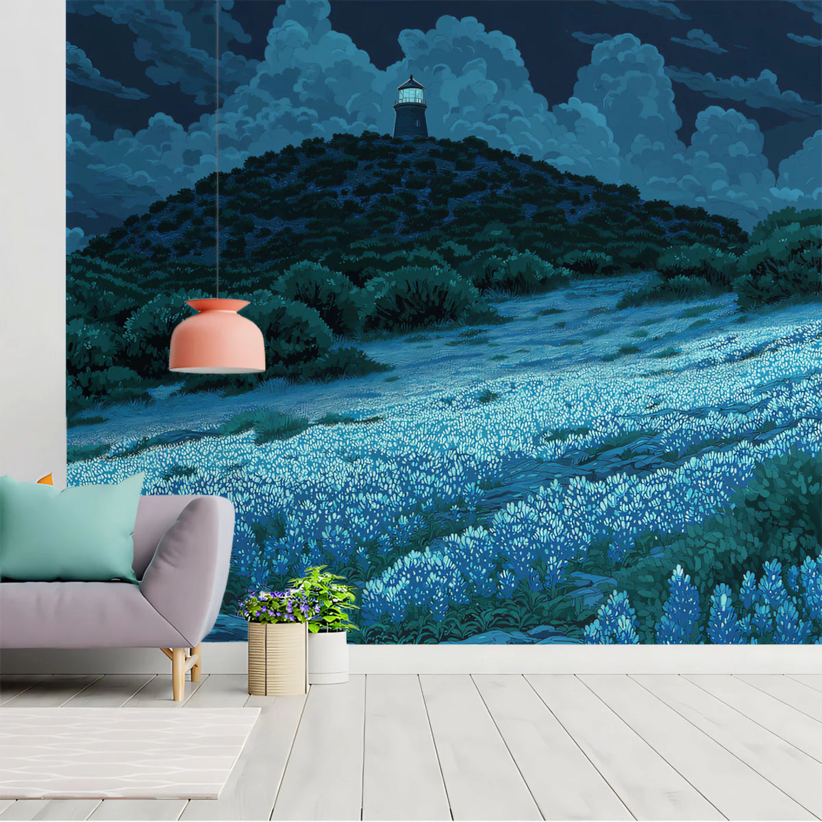 Midnight Lighthouse and Floral Field Mural Wallpaper - room preview 02