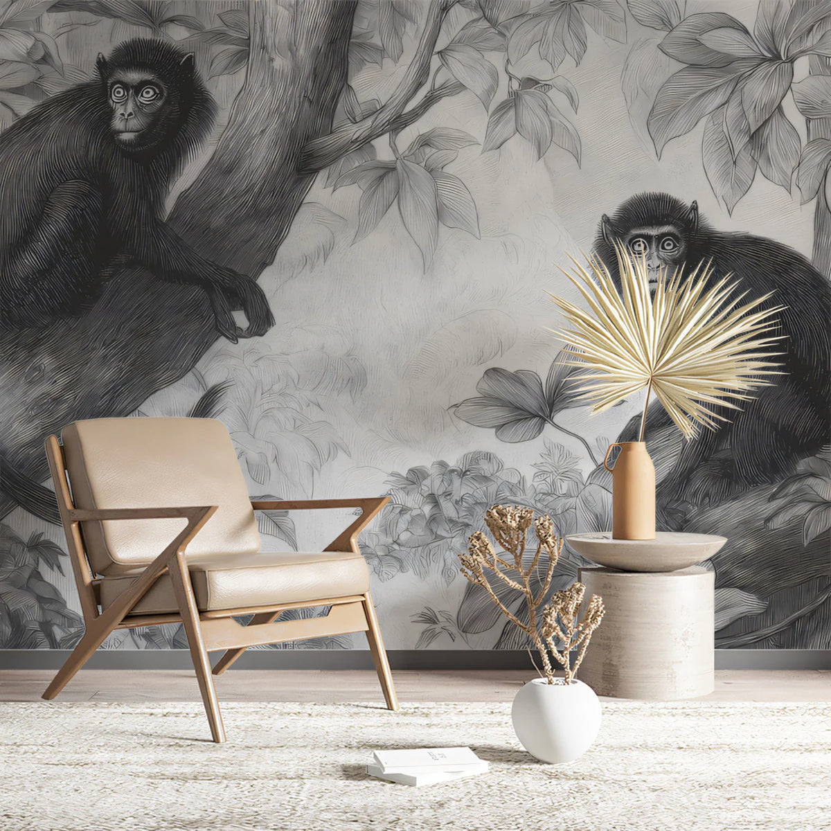 Vintage Jungle Monkey Mural Wallpaper —Etched Botanical Style Mural Wallpaper - room preview 02