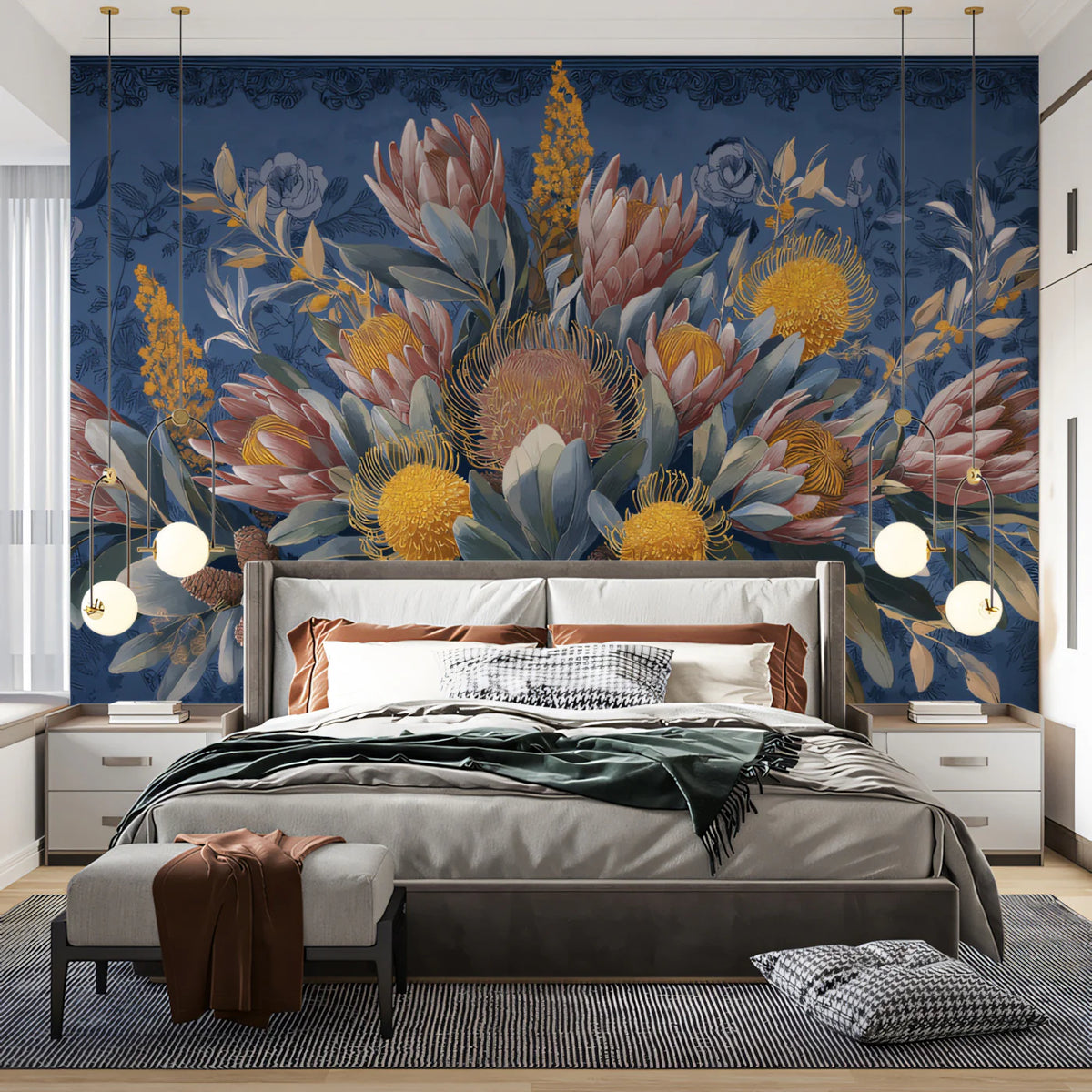 Vintage Protea and Banksia Floral Mural Wallpaper — Indigo Botanical Mural Wallpaper - room preview 02