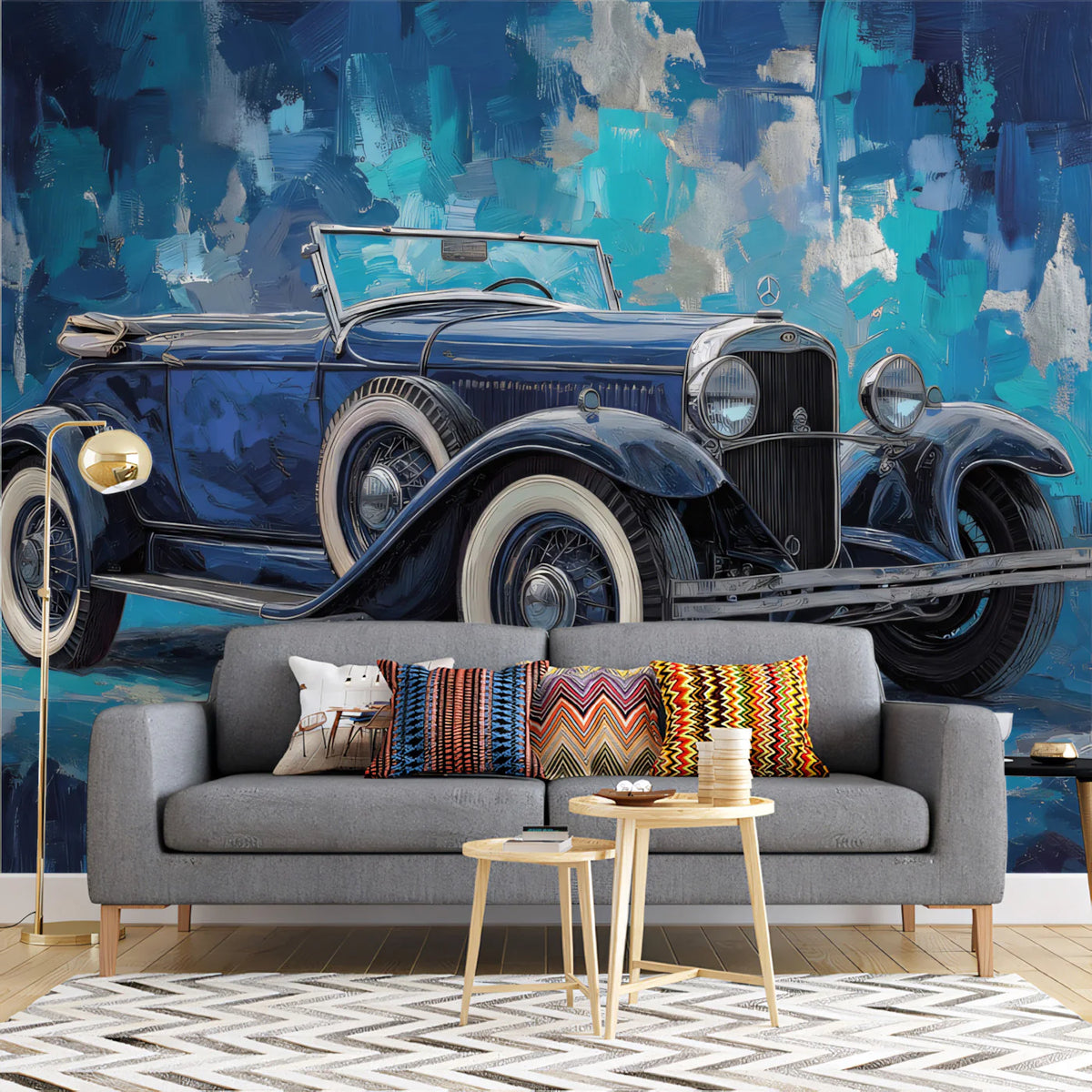 Vintage Convertible Car Oil Painting Mural Wallpaper - room preview 02