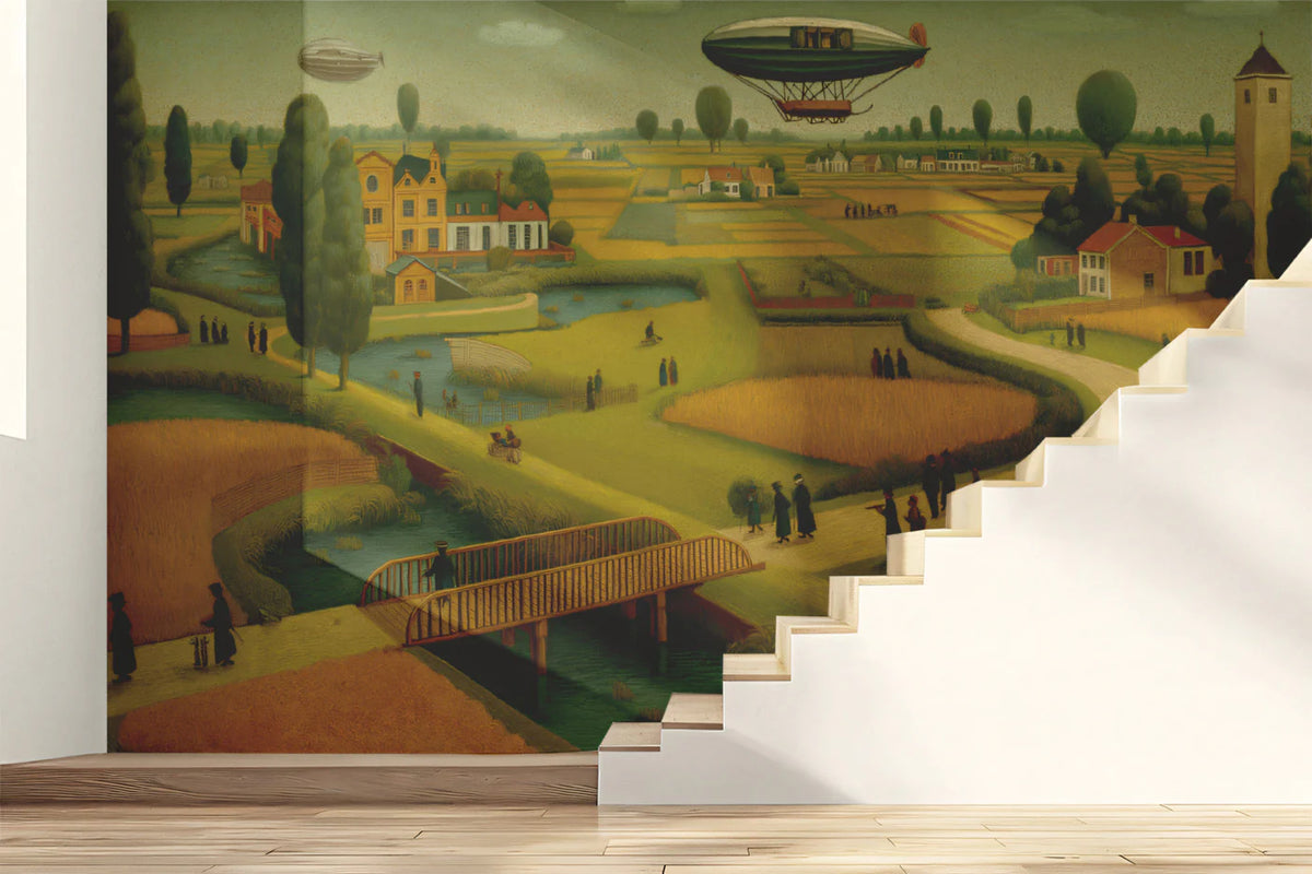 Golden Pastoral Airship Mural Wallpaper — Vintage Folk Art Landscape Mural Wallpaper - room preview 02