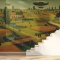 Golden Pastoral Airship Mural Wallpaper — Vintage Folk Art Landscape Mural Wallpaper - room preview 02