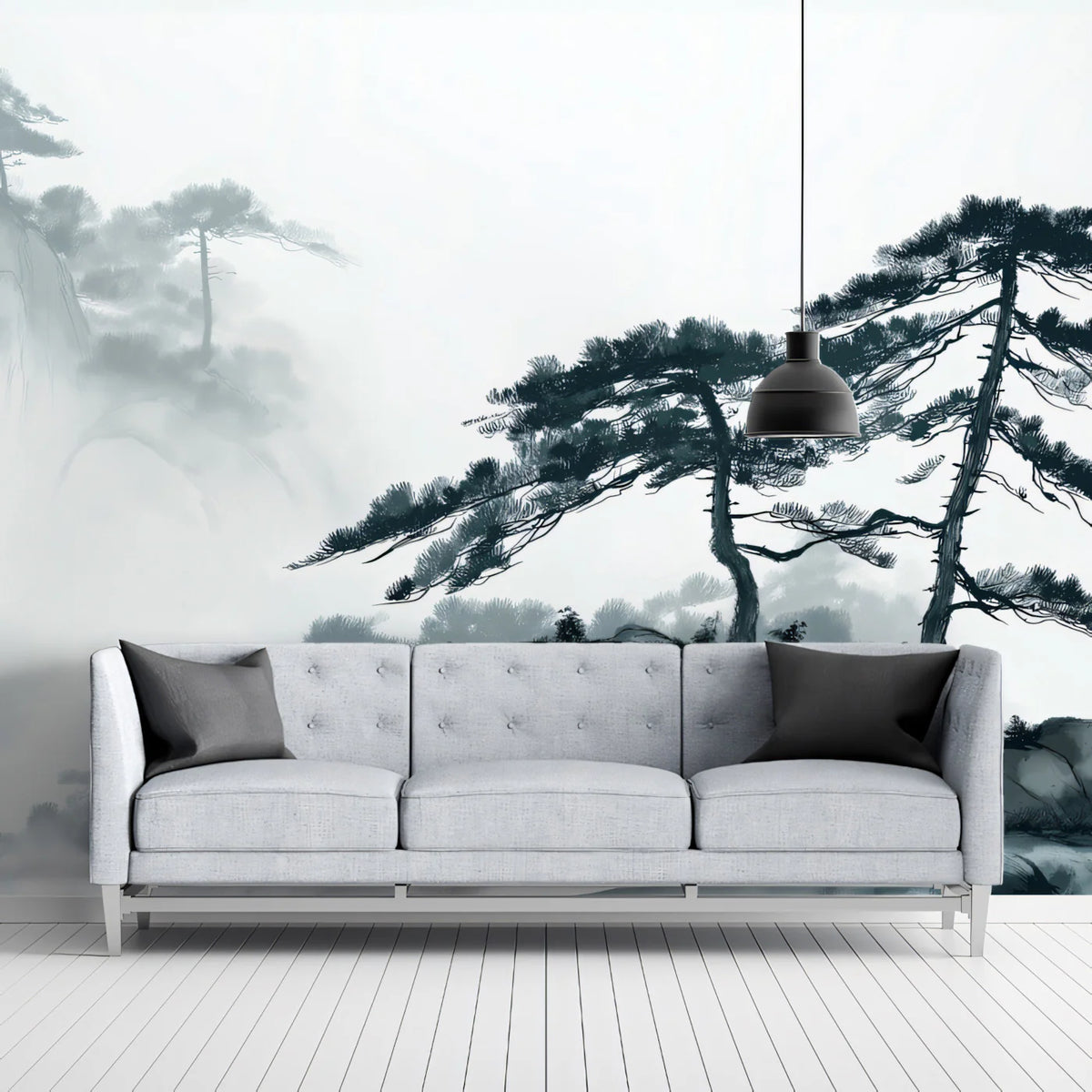 Ink Wash Mountain Mural Wallpaper — Traditional Zen Landscape Mural Wallpaper - room preview 02