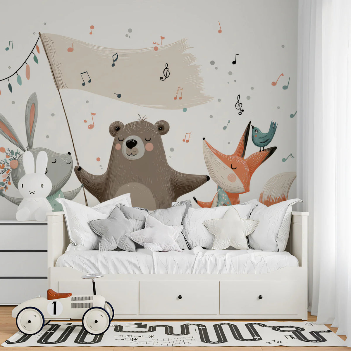 Forest Friends Parade Mural Wallpaper — Whimsical Children's Design Mural Wallpaper - room preview 02