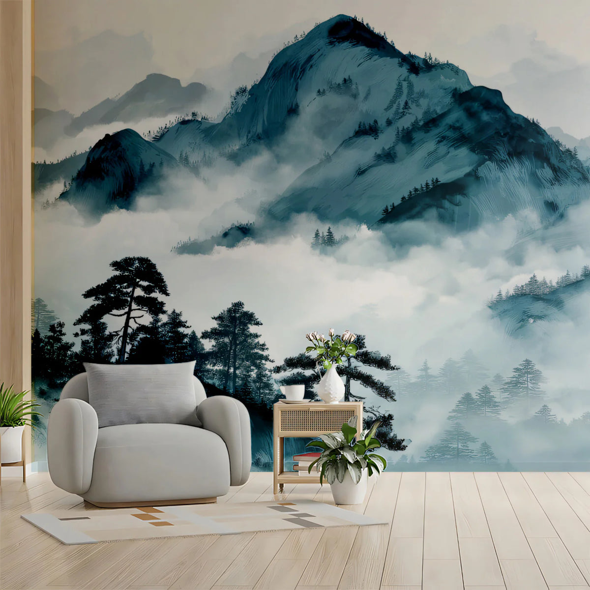 Misty Blue Mountain Range Mural Wallpaper — Artistic Ink Wash Mural Wallpaper - room preview 02