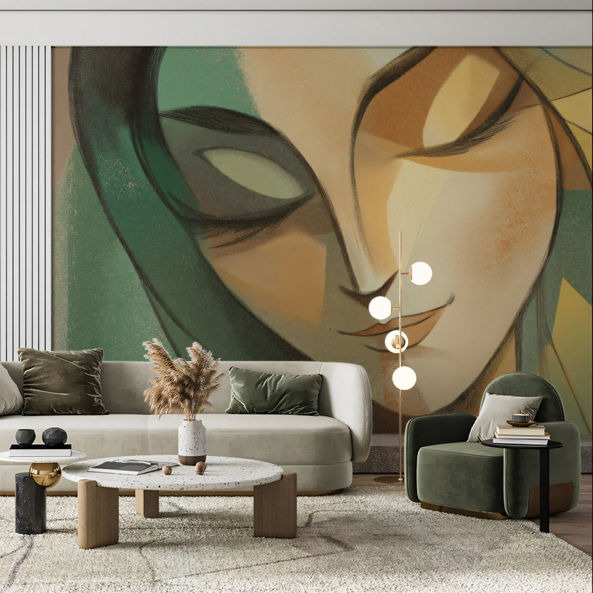 Abstract Geometric Portrait Mural Wallpaper — Soft Ochre and Green Mural Wallpaper - room preview 02