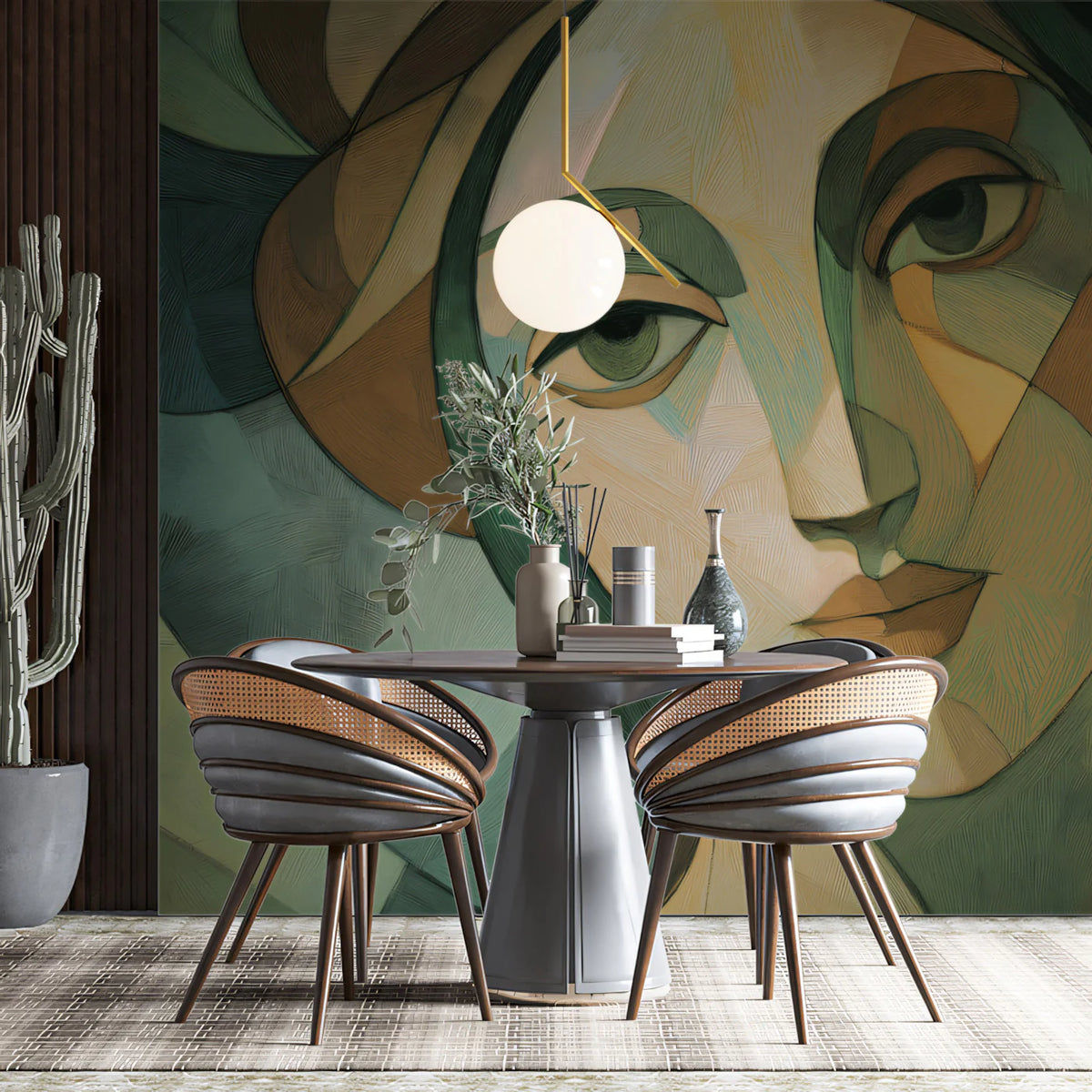 Cubist Portrait Mural Wallpaper — Artistic Green & Earth Tones Mural Wallpaper - room preview 02