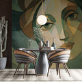 Cubist Portrait Mural Wallpaper — Artistic Green & Earth Tones Mural Wallpaper - room preview 02