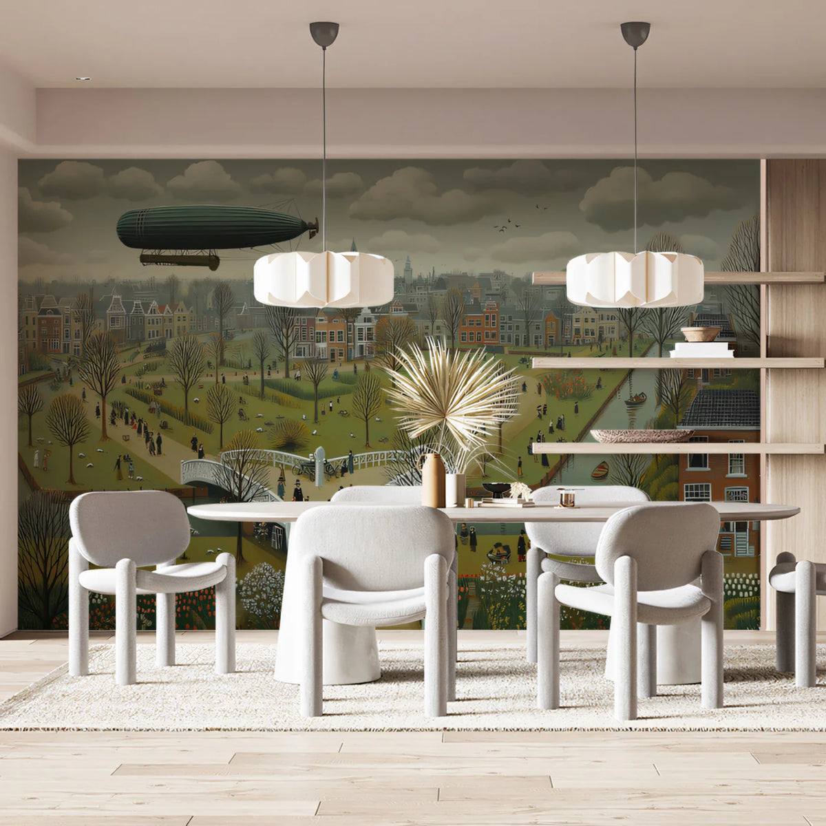 Vintage Dutch Townscape Mural Wallpaper — Whimsical Folk Art Mural Wallpaper - room preview 02