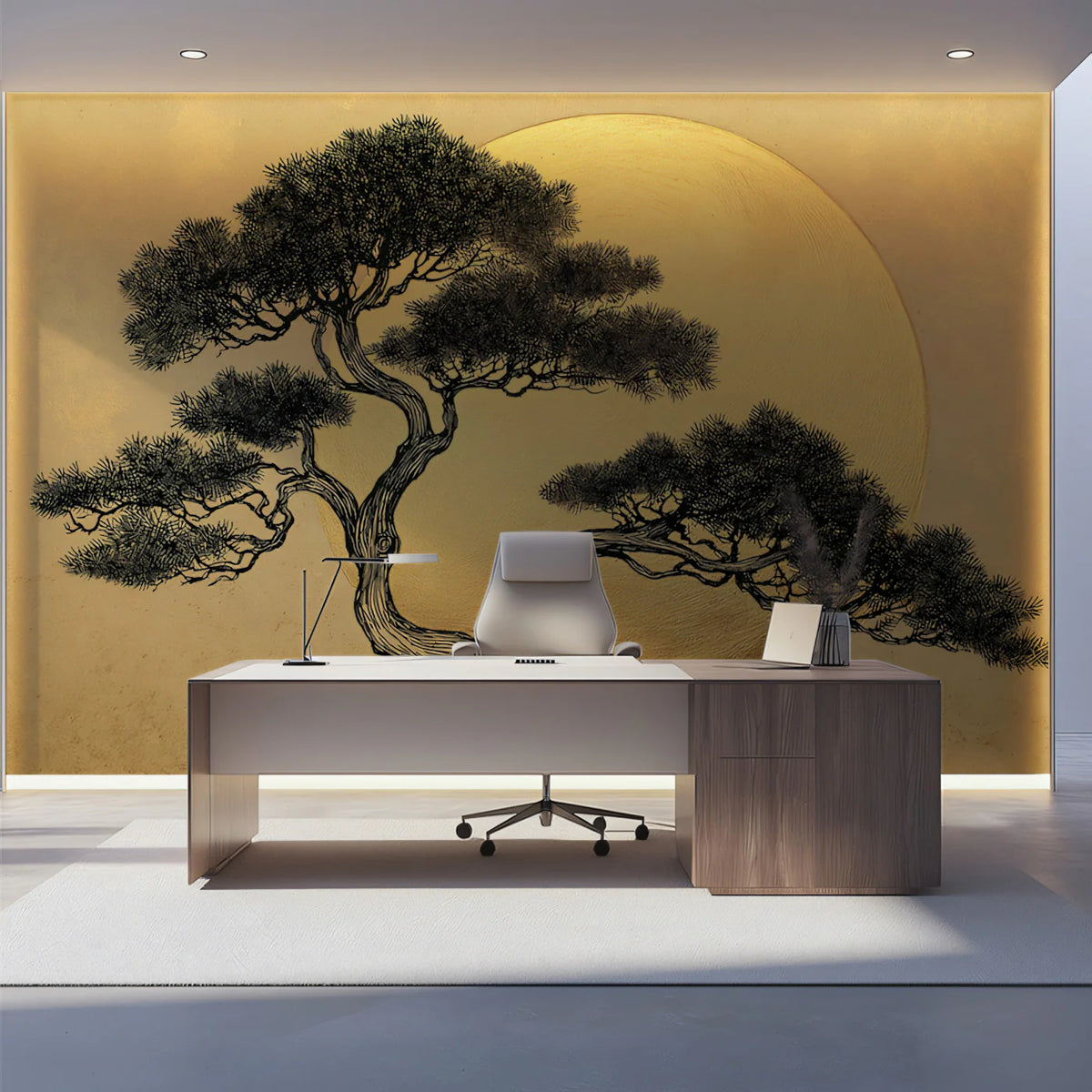 Japanese Pine Silhouette Mural Wallpaper — Golden Disk Art Mural Wallpaper - room preview 02
