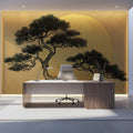 Japanese Pine Silhouette Mural Wallpaper — Golden Disk Art Mural Wallpaper - room preview 02