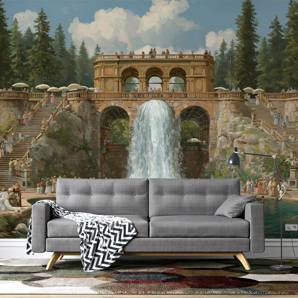 Classical Roman Waterfall Mural Wallpaper — Historic Landscape Art Mural Wallpaper - room preview 02