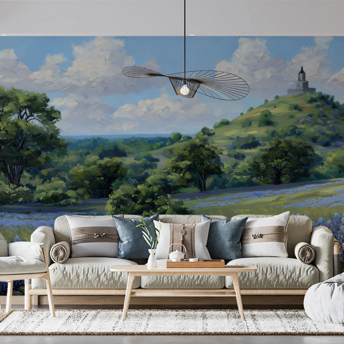 Bluebonnet Hill Landscape Mural Wallpaper — Impressionist Style Mural Wallpaper - room preview 02
