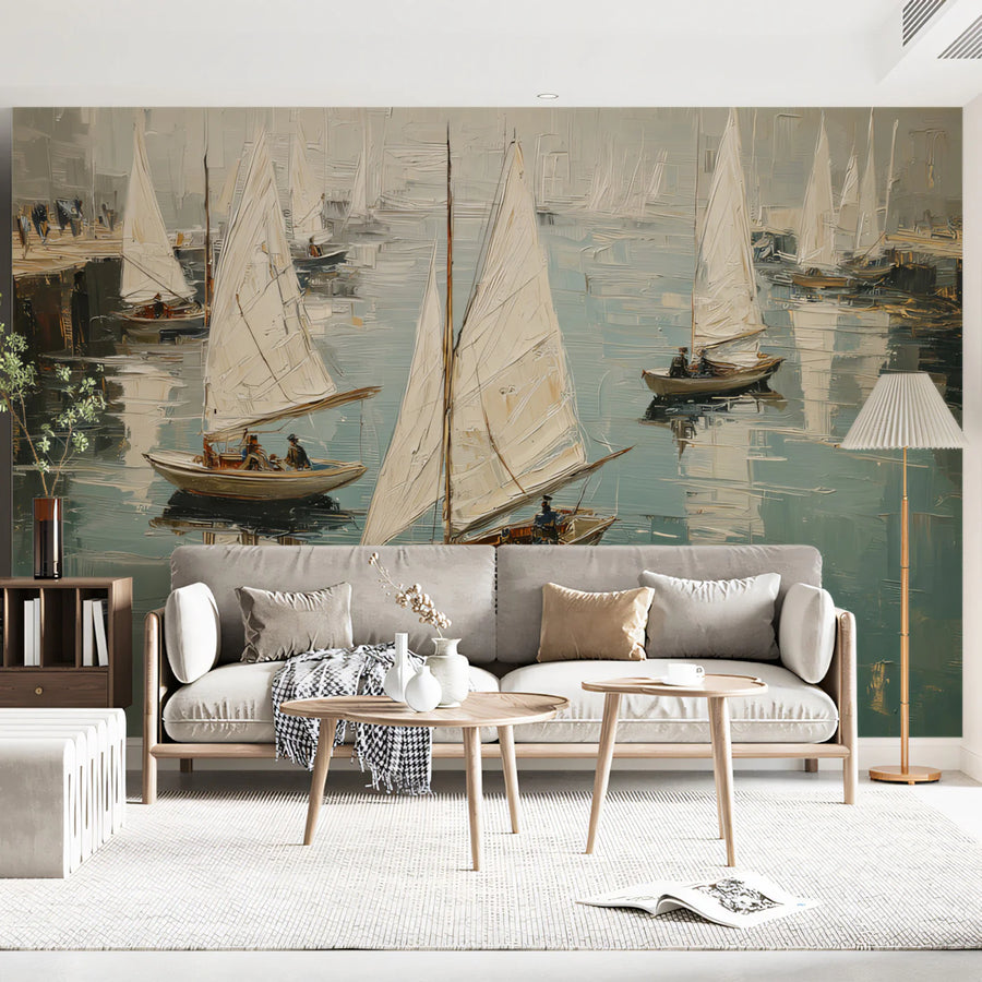 Impressionistische Segelboot-Hafen-Fototapete – Künstlerische Meeresansicht-Fototapete