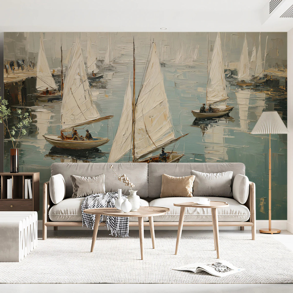 Impressionist Harbor Sailboat Mural Wallpaper — Artistic Marine View Mural Wallpaper - room preview 02