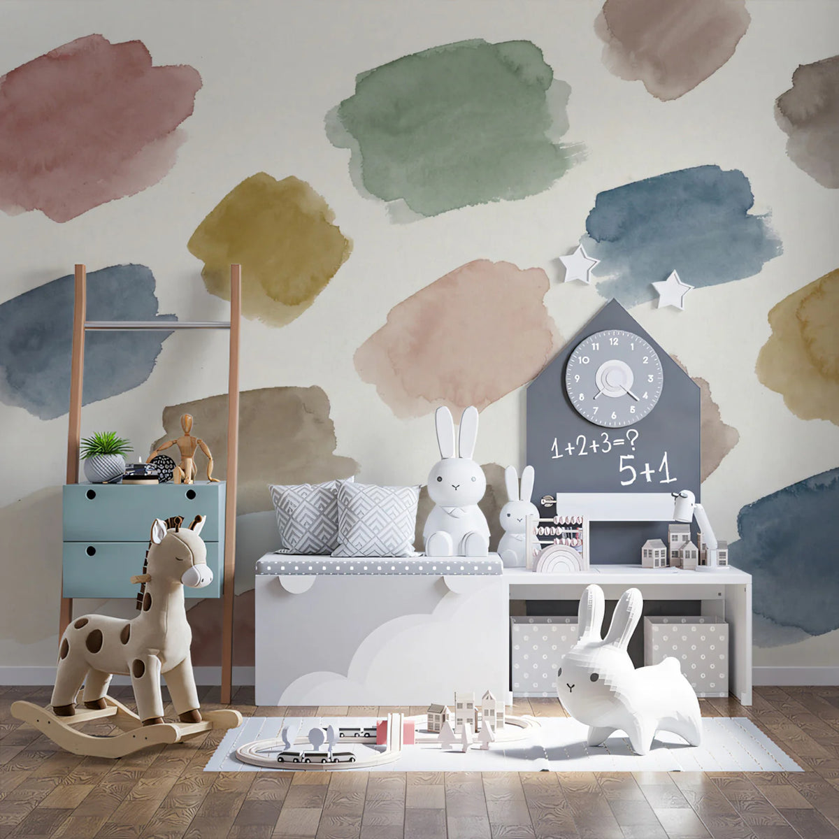 Abstract Watercolor Brushstroke Mural in Soft Earth Tones Mural Wallpaper - room preview 02