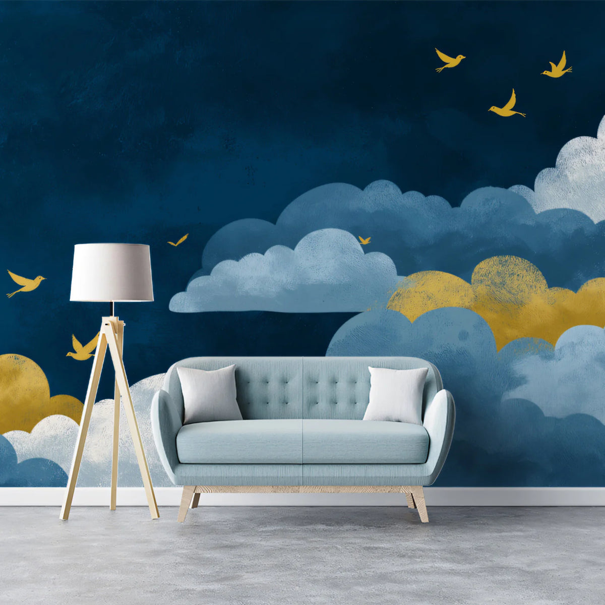 Indigo Skies & Golden Birds Mural Wallpaper — Whimsical Dreamscape Mural Wallpaper - room preview 02