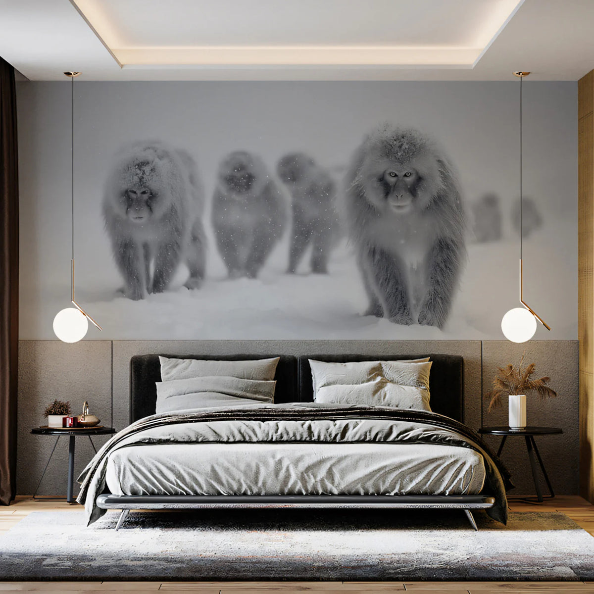 Snow Monkey Winter Landscape Mural Wallpaper — Minimalist Photography Mural Wallpaper - room preview 02