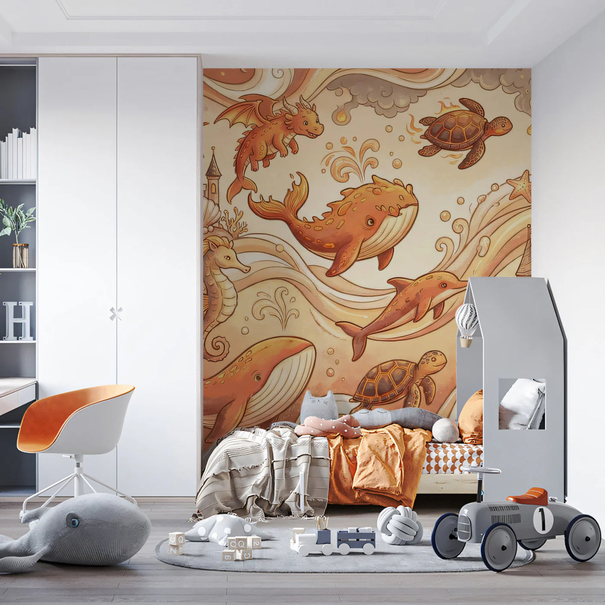 Fantasy Marine Kingdom Mural Wallpaper — Whimsical Gold and Sepia Mural Wallpaper - room preview 02