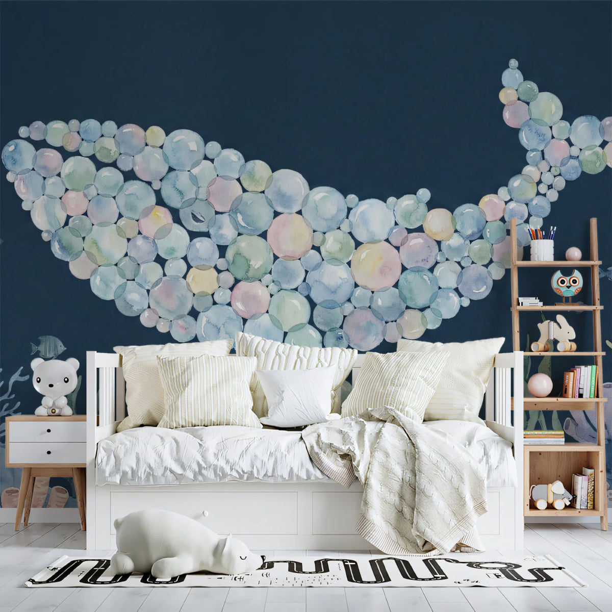 Watercolor Bubble Whale Mural Wallpaper — Coastal Marine Art Mural Wallpaper - room preview 02