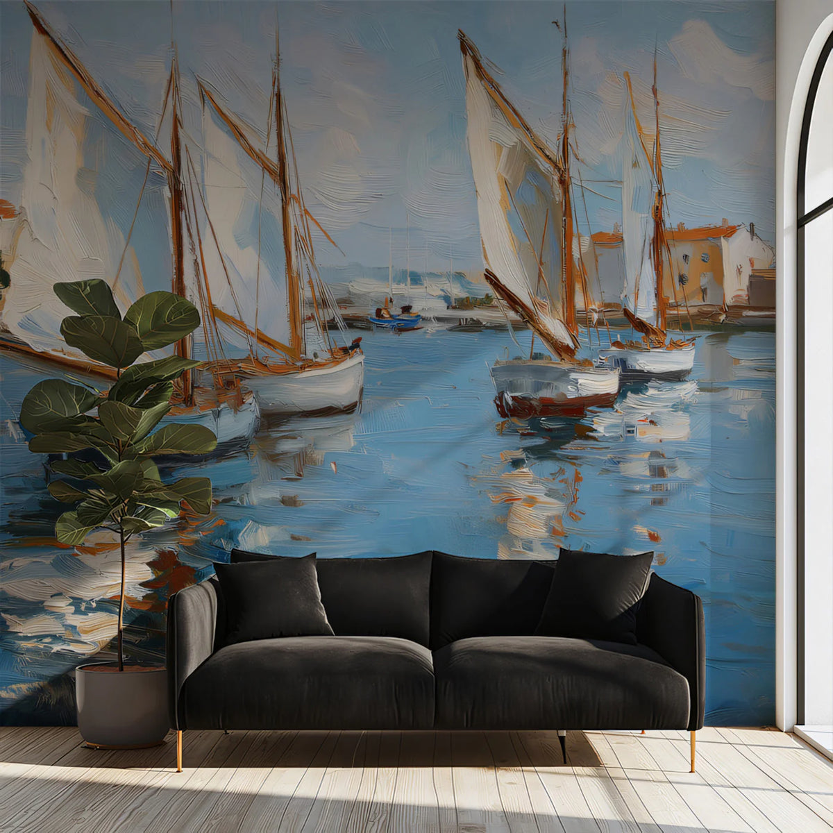 Mediterranean Sailboat Harbor Mural Wallpaper — Impressionist Art Mural Wallpaper - room preview 02