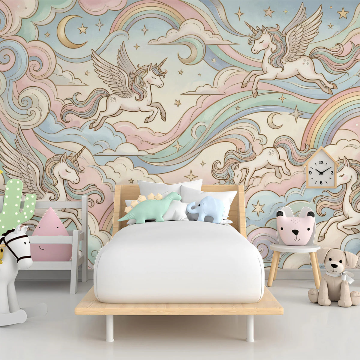Winged Unicorns and Pastel Rainbows Mural Wallpaper — Whimsical Decor Mural Wallpaper - room preview 02