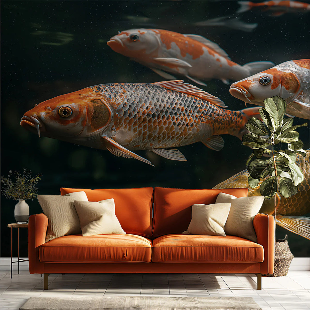 Zen Koi Pond Mural Wallpaper — Moody Aquatic Illustration Mural Wallpaper - room preview 02