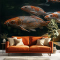Zen Koi Pond Mural Wallpaper — Moody Aquatic Illustration Mural Wallpaper - room preview 02