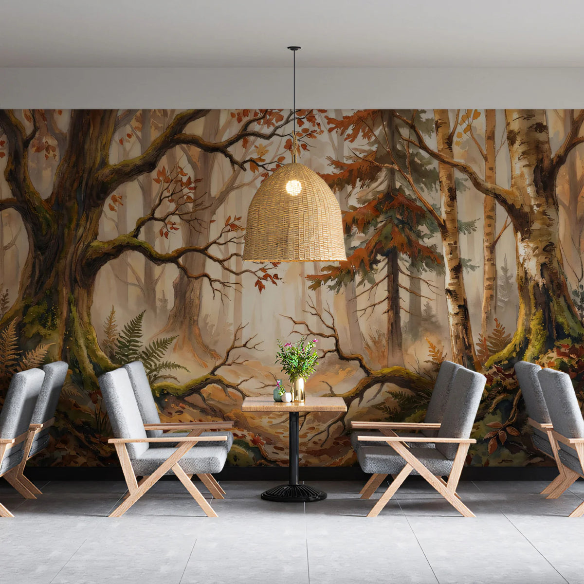 Autumn Woodland Watercolor Mural Wallpaper — Rustic Forest Landscape Mural Wallpaper - room preview 02