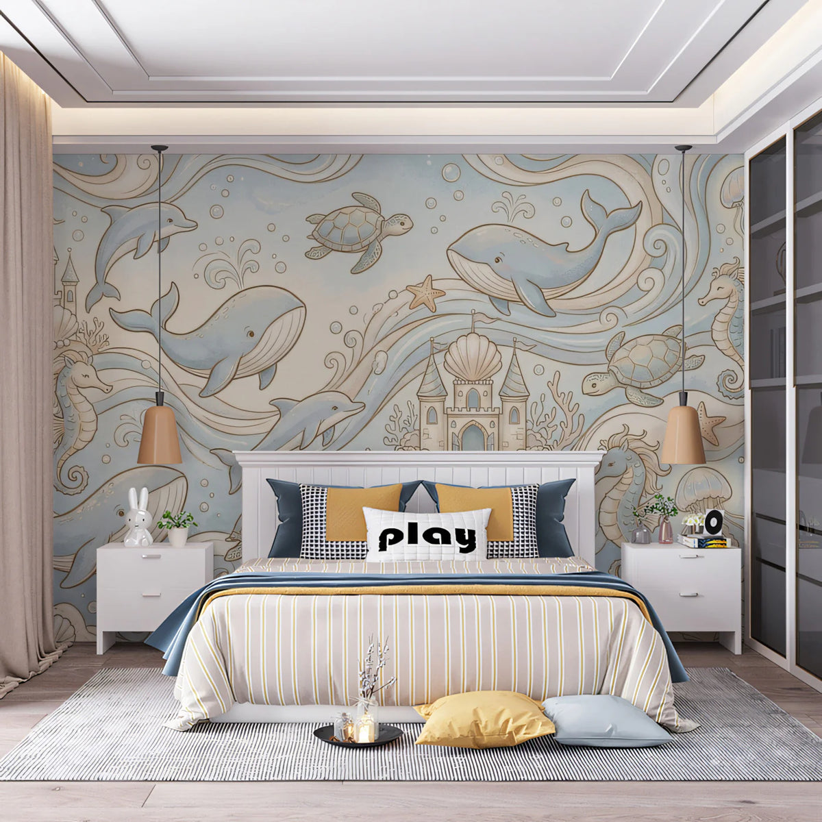 Underwater Kingdom Whimsical Mural Wallpaper — Soft Aquatic Scene Mural Wallpaper - room preview 02