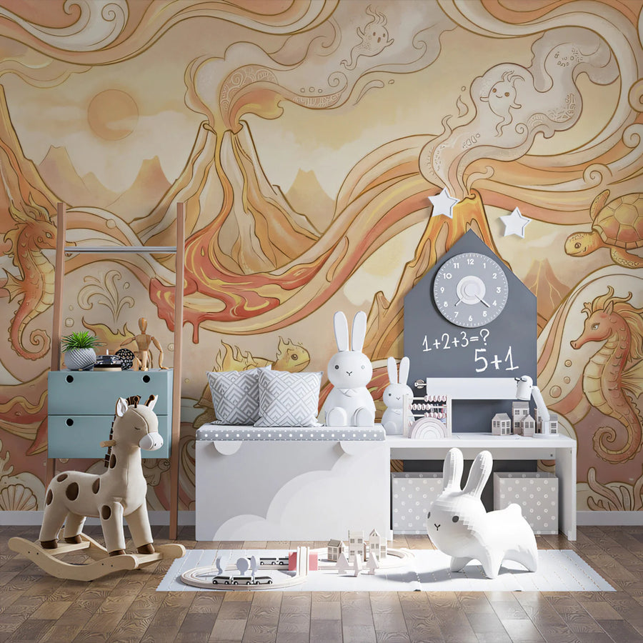 Sea Wallpaper Mural – Ocean Wall Mural – Volcanic Ocean Fantasy — Whimsical Coastal Art