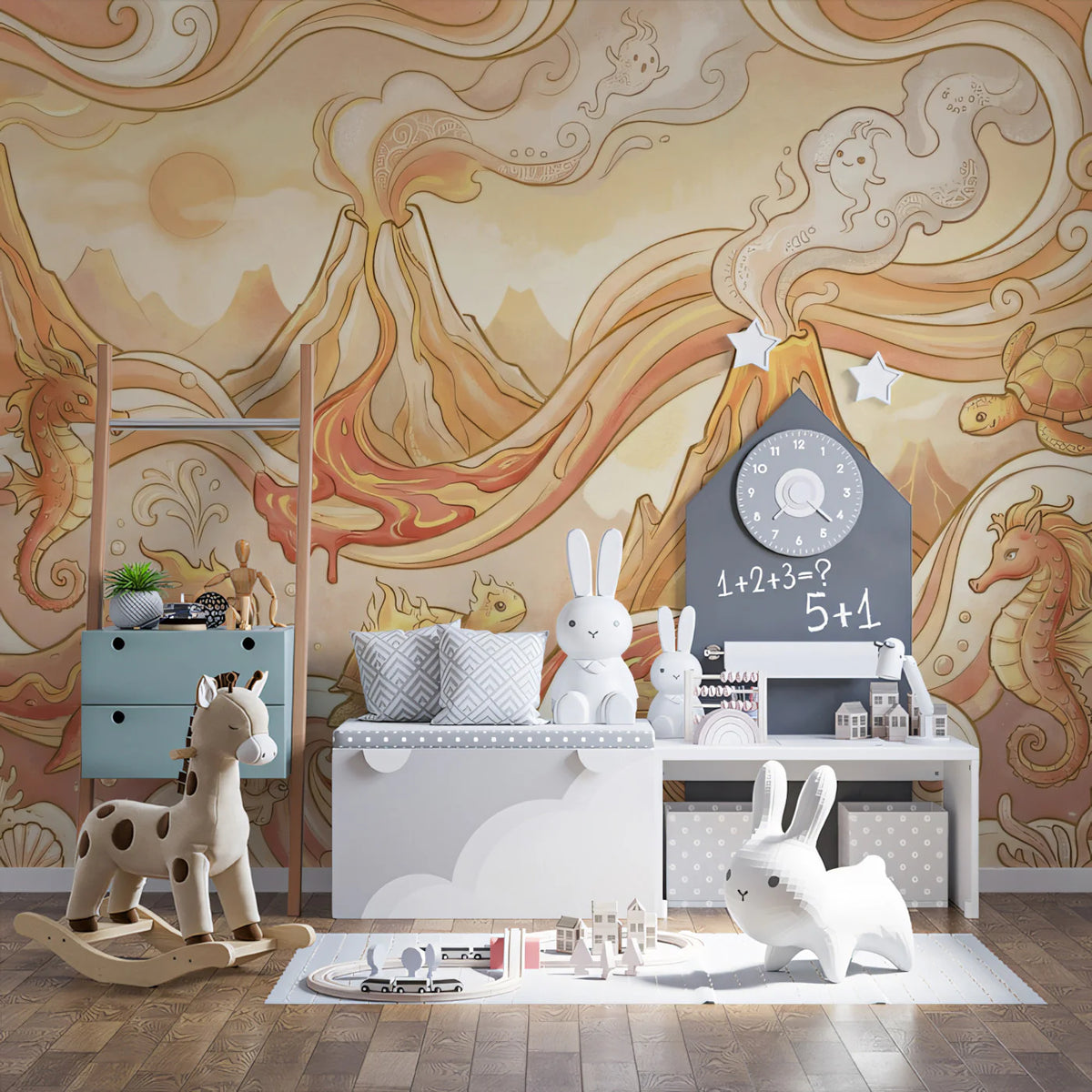 Volcanic Ocean Fantasy Mural Wallpaper — Whimsical Coastal Art Mural Wallpaper - room preview 02