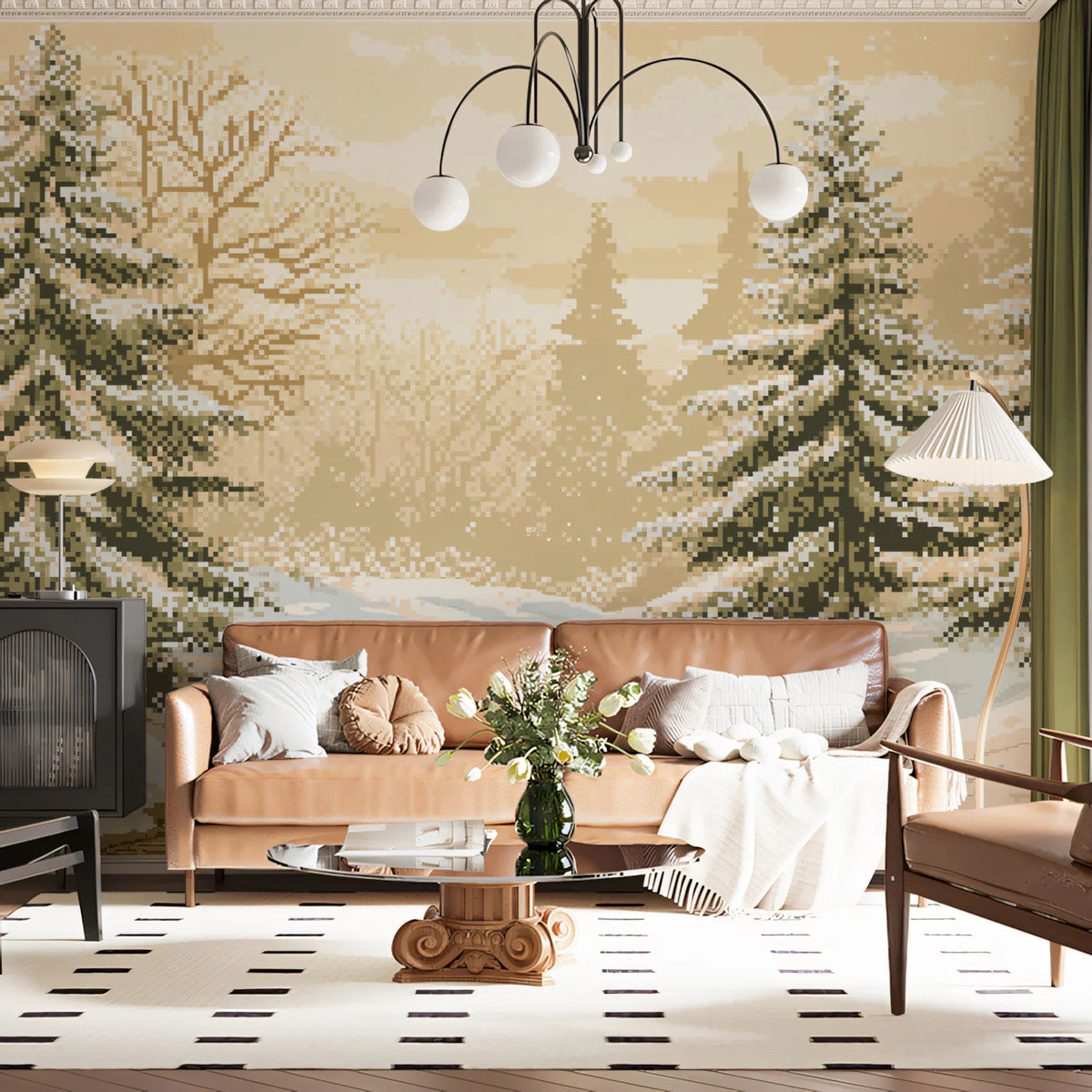 Pixel Art Winter Forest Mural Wallpaper — Vintage Sepia Landscape Mural Wallpaper - room preview 02